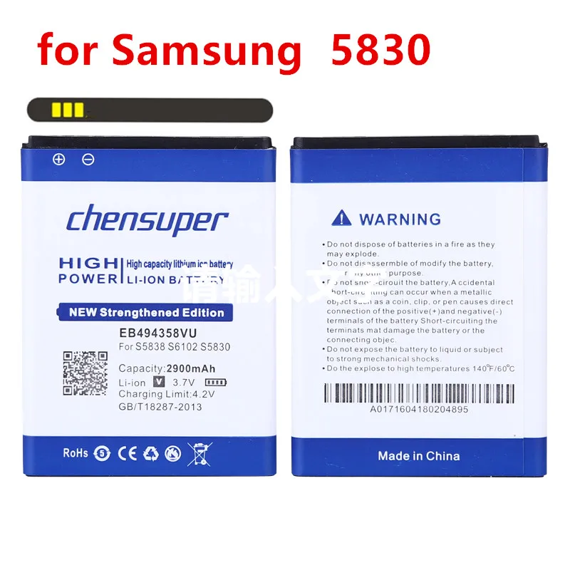 Новый аккумулятор 2900 мАч EB494358VU для Samsung Galaxy Ace 5830 S6802 B7510 i569 i579 i619 S5660 S5670 S5830I S5838 S6102 S6108 S5830