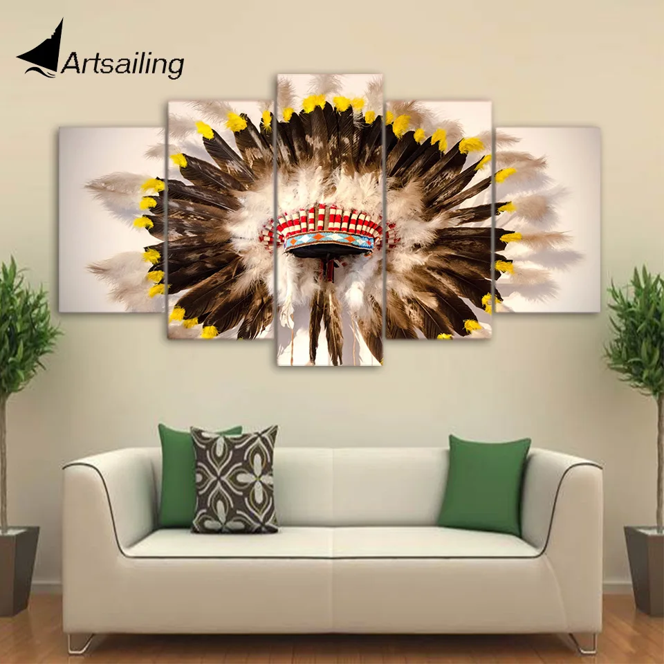 HD Printed 5 Piece Canvas Art Native American Indian hat Feathered Poster Wall Picture Modern