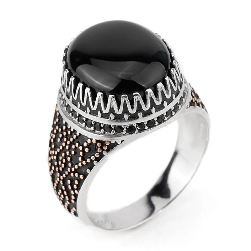 

Silver Agate Men Ring 925 Sterling Black Big Stone Gypsophila Finger Ring for Male Fine Jewelry