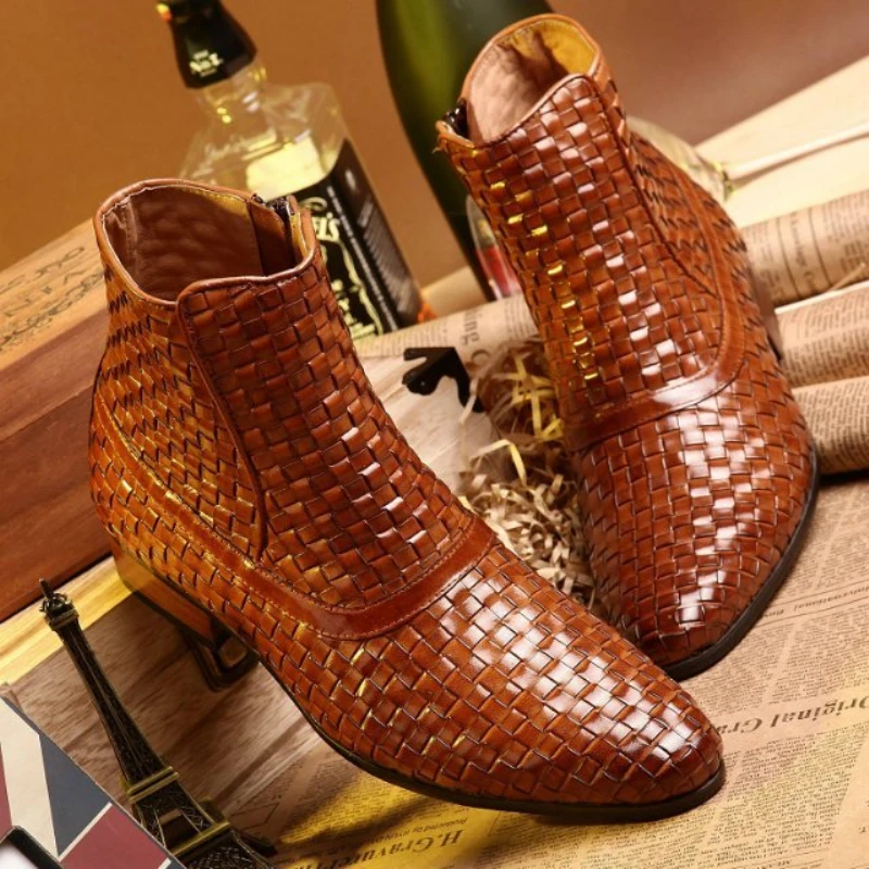 Brown Fashion Mens Ankle Boots 2017 Pointed Toe Business Dress Shoes Boots Mens Genuine Leather Weave Shoes Plus Size 38-46