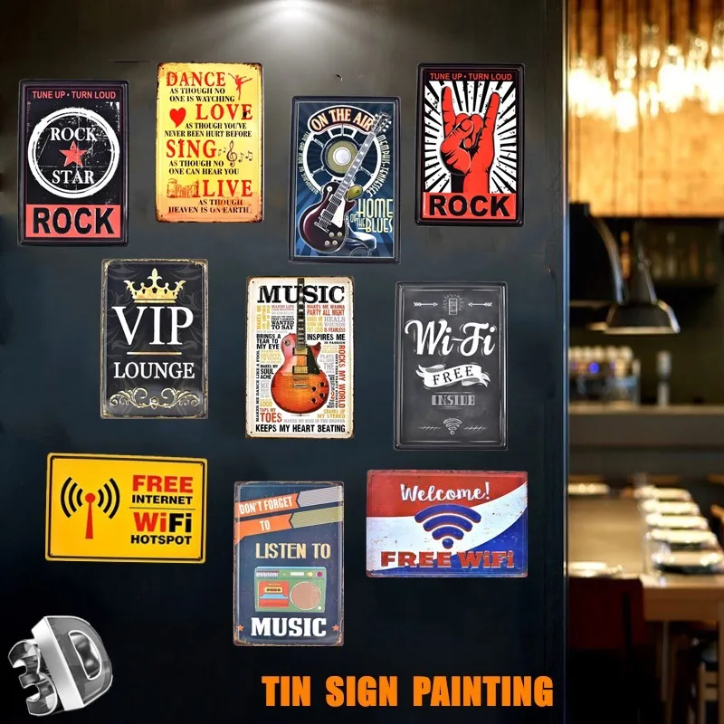 

3D Music Rock Guitar WIFI Tin Sign Art Painting Bar Pub Garage Hotel House Wall Decor Retro Metal Poster