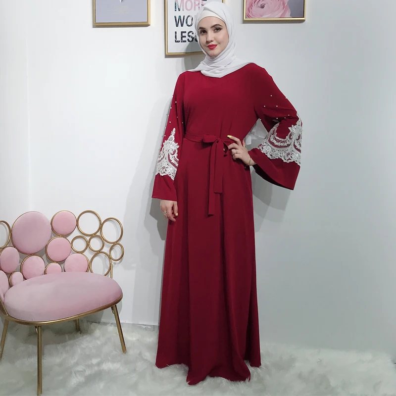 Красное кружево abaya Дубайский Мусульманский платье хиджаб Абая для женщин Кафтан Caftan Исламская одежда турецкие платья халат Femme Elbise