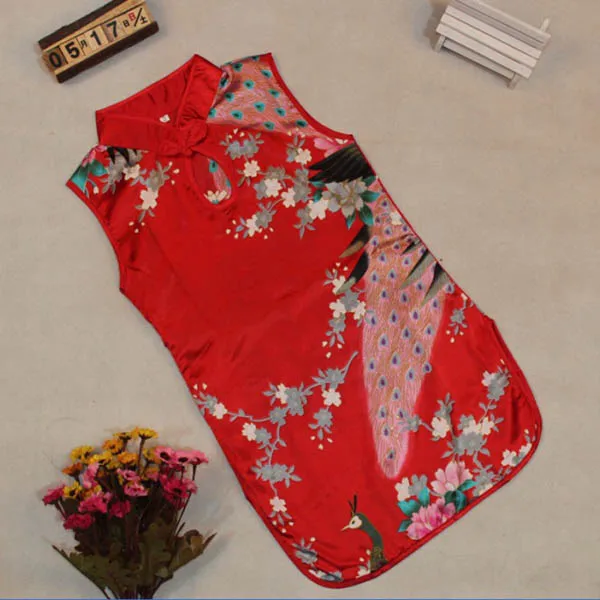 

Kids Baby Girls Sleeveless Retro Chinese Peacock Cheongsam One-Piece Dress 2-8Y