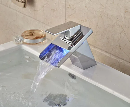 

Contemporary LED Bathroom Waterfall Spout Bathroom Sink Faucet Single Handle Mixer Tap Chrome Finish