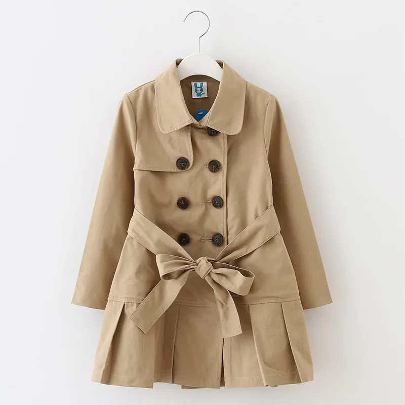 

Girls Windbreaker Autumn\winter Kids Cotton Coat Children Khaki Double Breasted Long Clothing England Style for 4y-12y