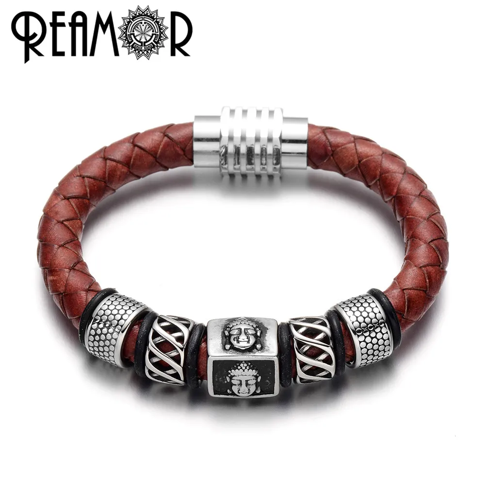 

REAMOR Vintage Red Genuine Leather Male Charms Bracelets 316l Stainless Steel Buddha Head Bangle For Men Fashion Jewelry