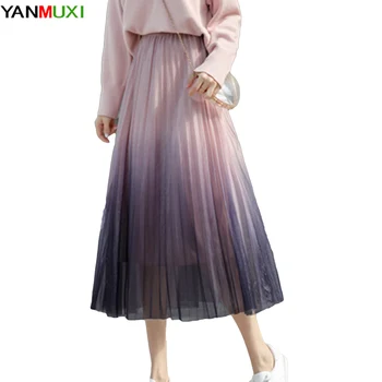 

YANMUXI Pink Gray 2019 Spring And Summer New Korean Version Of The Gradient Mesh Pleated Skirt Elegant Woman Skirt Dropship