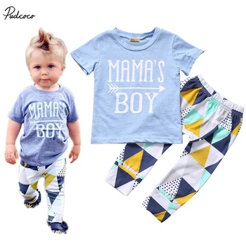 

Baby Mama's Boy Summer Outfits Newborn Infant Babies Boy T-shirt+ Long Pants Outfit Set Clothes Geometrical