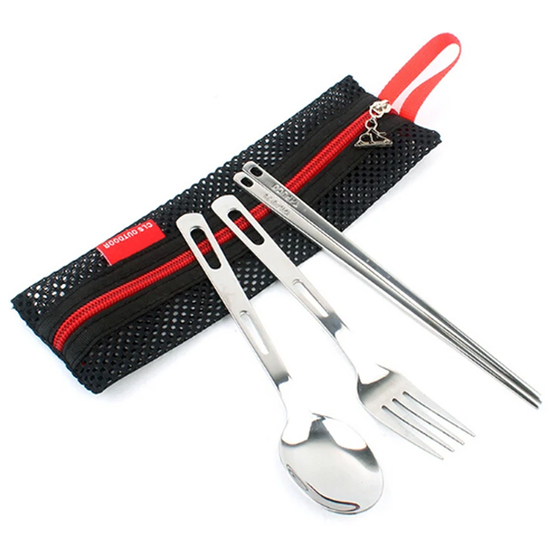 3pcs/set Stainless Steel Fork Spoon Chopsticks Travel Ourdoor Camping Cutlery Tool Portable Camping Bag Picnic Outdoor Tableware