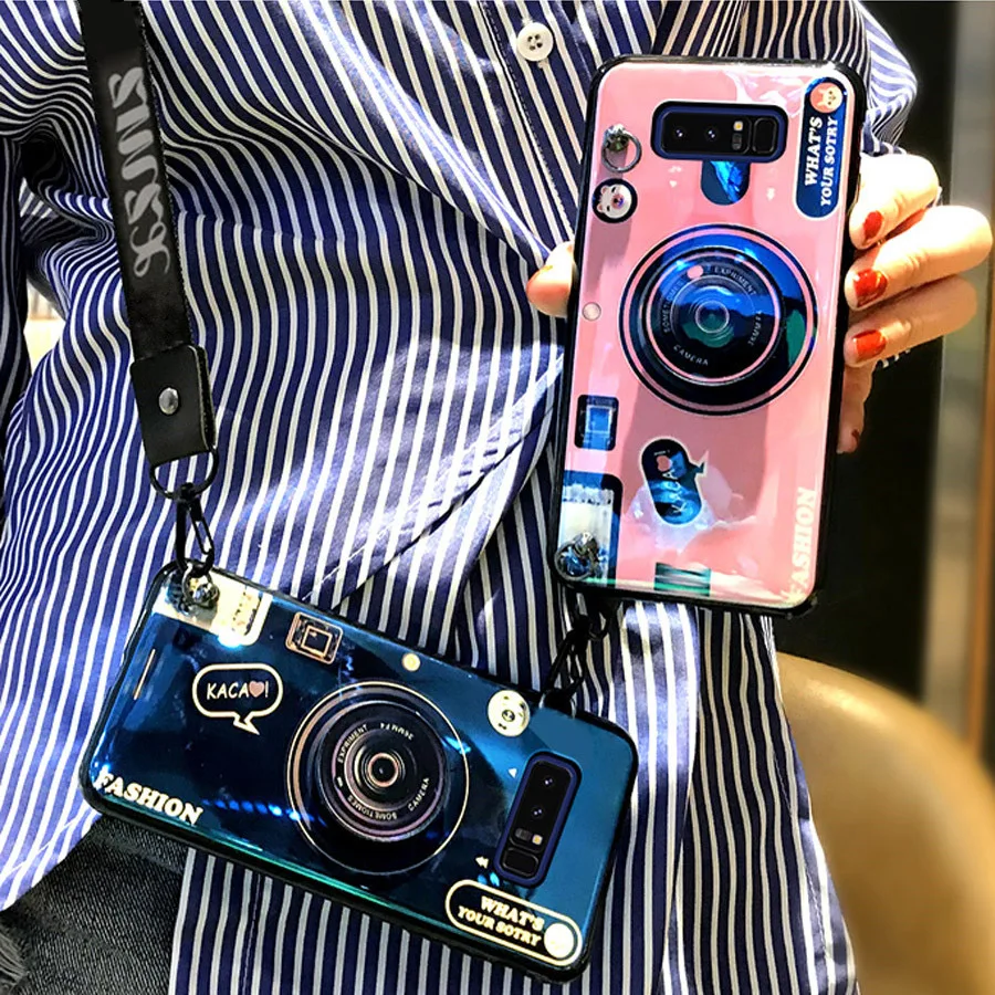 

For samsung galaxy s9 s8 plus note 9 8 s7 edge J6 J4 J3 A8 A6 2018 case cover 3d camera with shoulder strap soft silicon shell