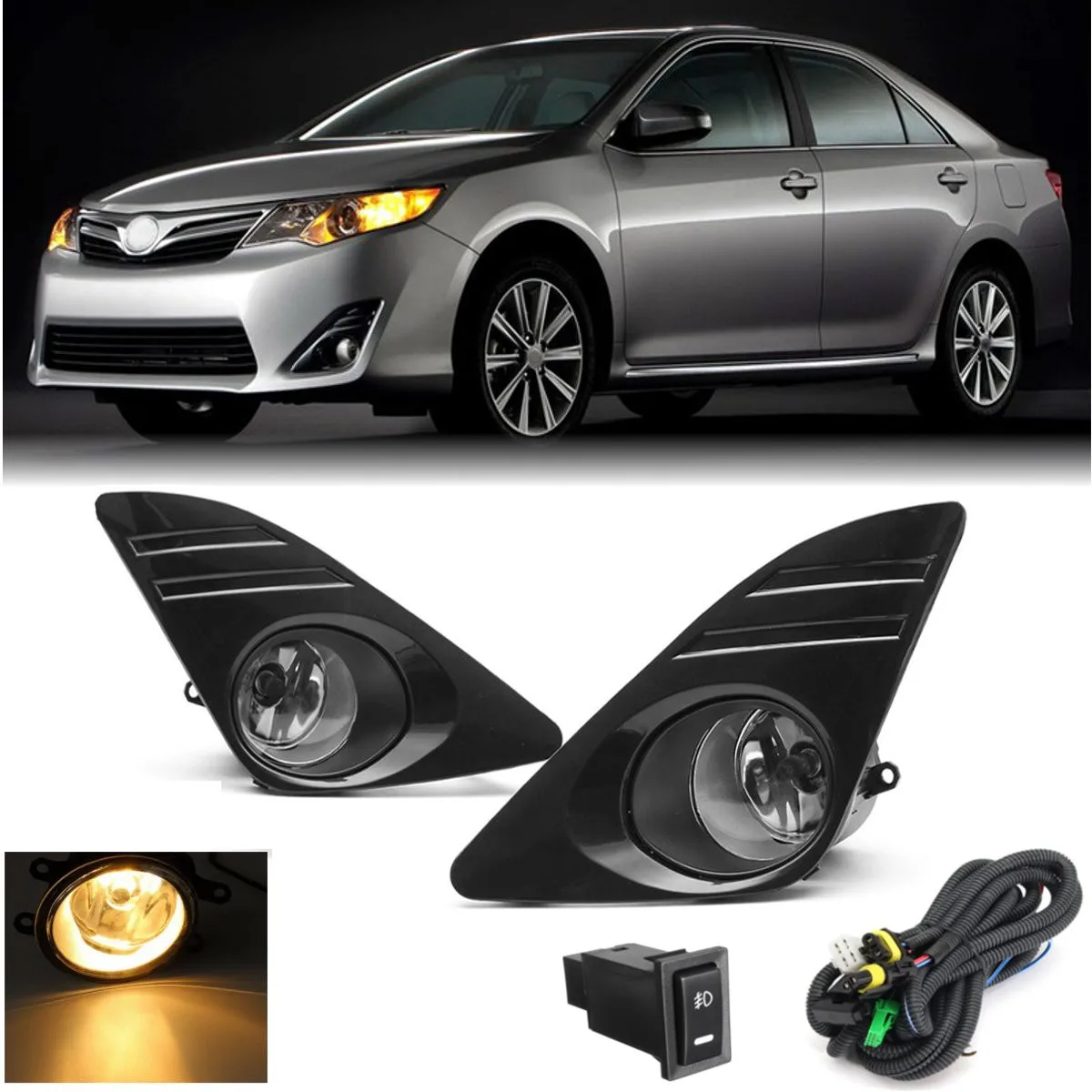 

2Pcs Front Car Fog Light Lamp DRL 55W Round Daytime Driving Lights + Switch H11 Bulbs For Toyota Camry 2012 2013 2014