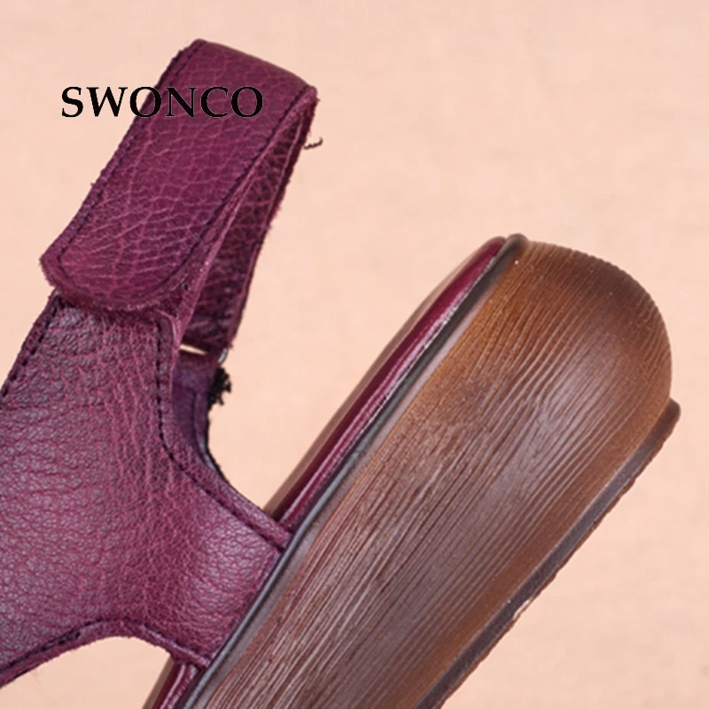 Сандалии SWONCO женские из натуральной кожи босоножки на платформе черные Ретро