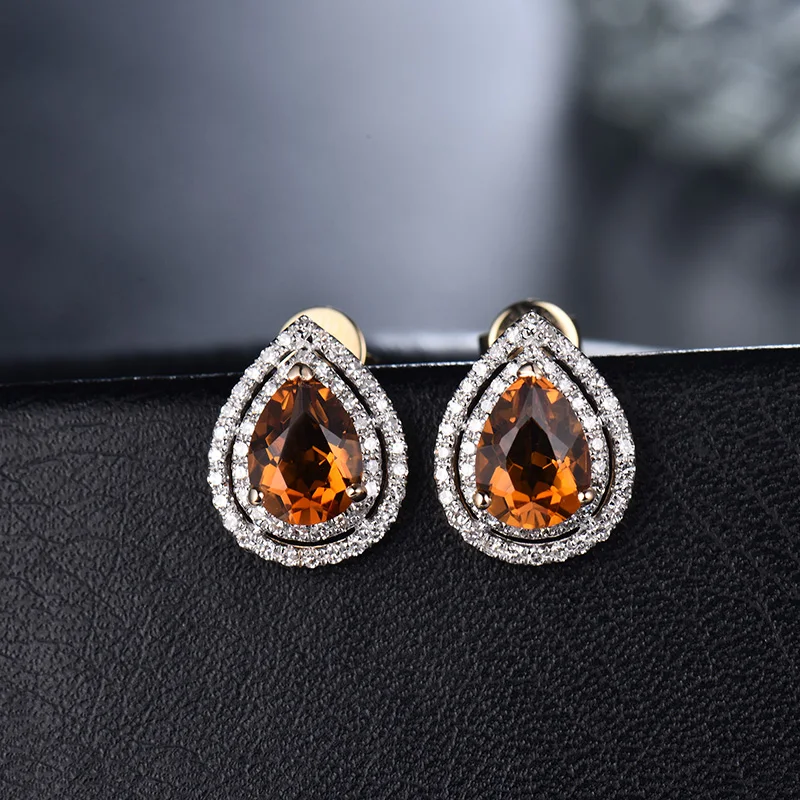 LOVERJEWELRY, серьги для женщин, Ретро стиль, 2.71Ct, натуральные бриллианты, груша, цитрин, серьги-гвоздики, твердые, 14 к, желтое золото, камень 6X8 мм