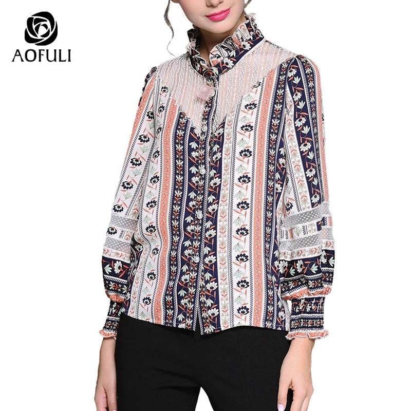 AOFULI Floral Striped Long Sleeve Shirt New Fall Winter Stand Collar Lantern Sleeve Blouse Plus Size Casual Tops S- 4xl 5xl 6008