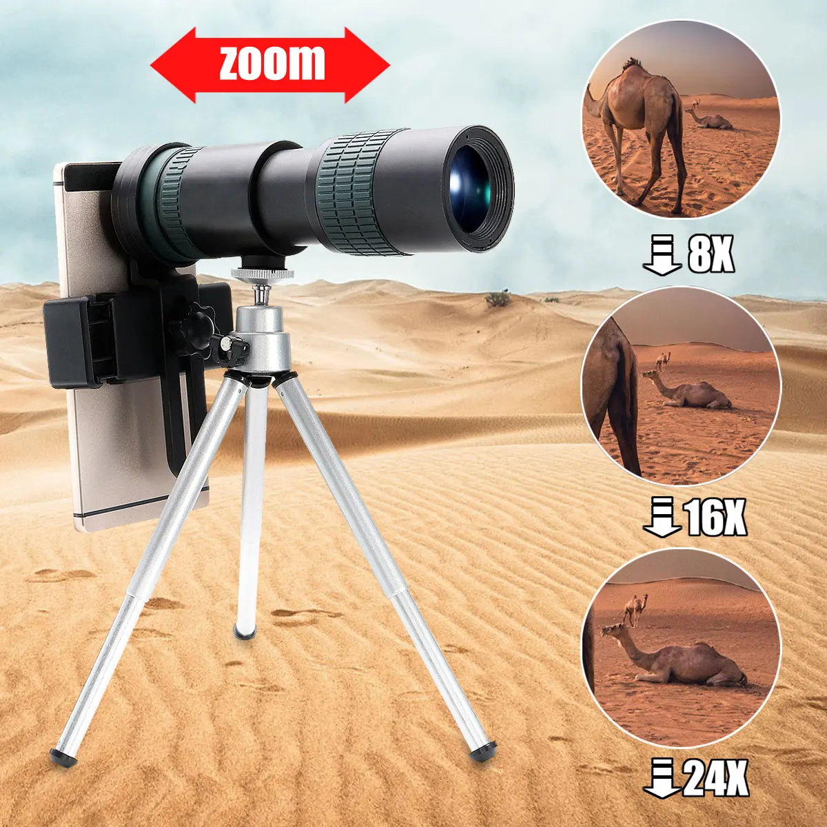 

Universal 8-24X Optical Zoom Lens Monocular Telephoto Telescope Camera Lens with Phone Holder Clip Mount Tripod for Smartphones