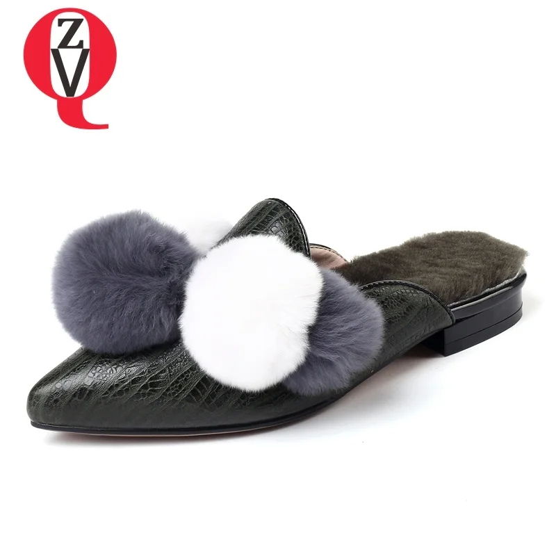 

ZVQ shoes woman spring new handmade genuine leather woman slippers outside pointed toe hairball shallow low square heels shoes
