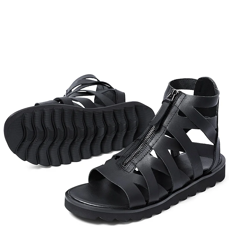 Черные модные летние сандалии из натуральной кожи в римском стиле, мужские сандалии с высоким голенищем, пляжные сандалии на молнии