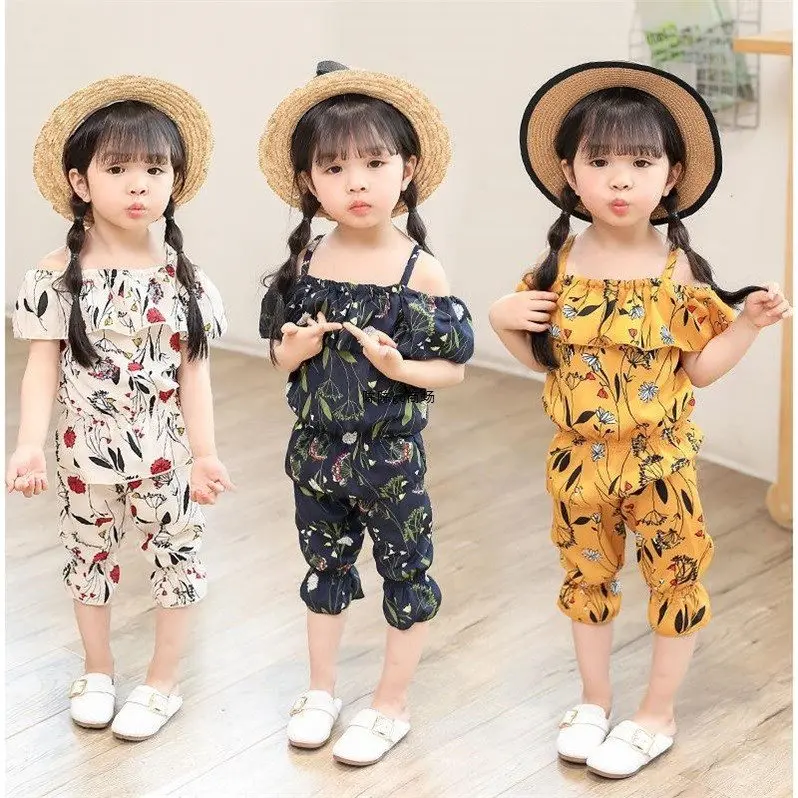 

2 Pieces Baby Girl Summer Clothing Set Off Shoulder Chiffon Floral Tank Top Pants Outfit Toddler Girl Clothes