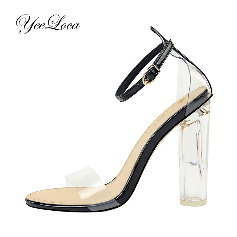 Single Sole Clear Lucite Chunky Heel Sandals Women Ankle Strap Perspex