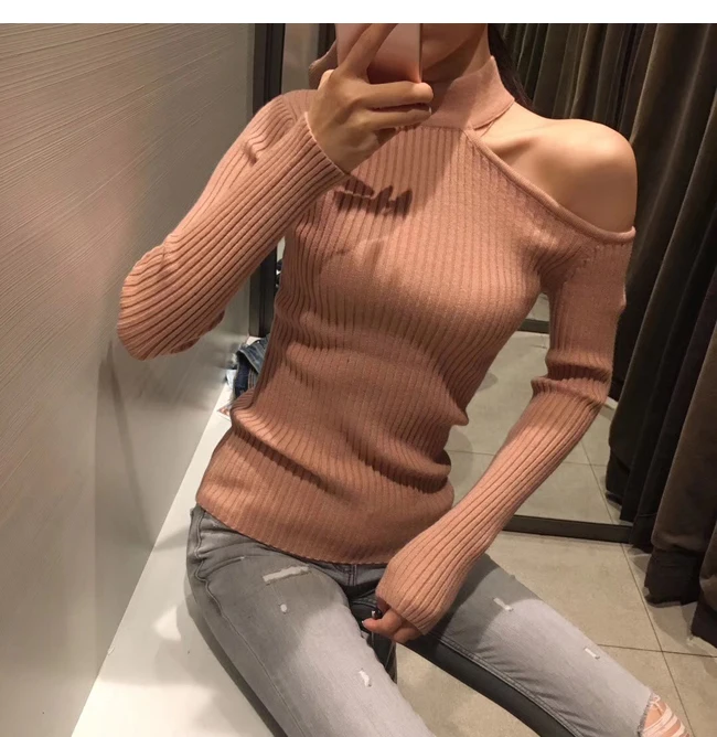 Gkfnmt Sexy off shoulder knitted sweater Women elegant solid skinny slim pullover and sweater 2018 Autumn winter jumpers Pink