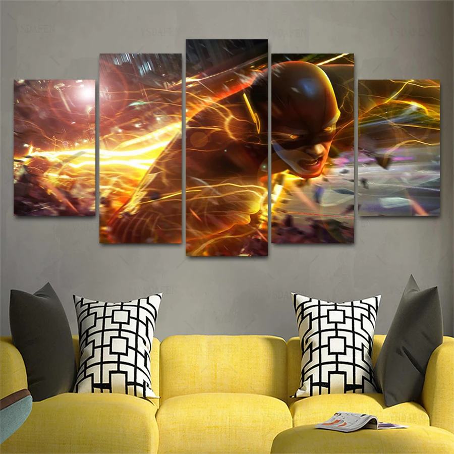 

Science Fiction Cartoon Movie DC Flash Running Light Fast HD Print Wall Art Canvas 5 Piece Canvas Painting Wall Art For Room