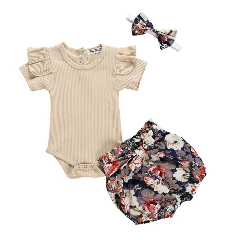 

Infant Clothes Set for Baby Girls Short Sleeve Solid Rompers Tops Floral Short Casual Cotton 3Pcs Clothing Set