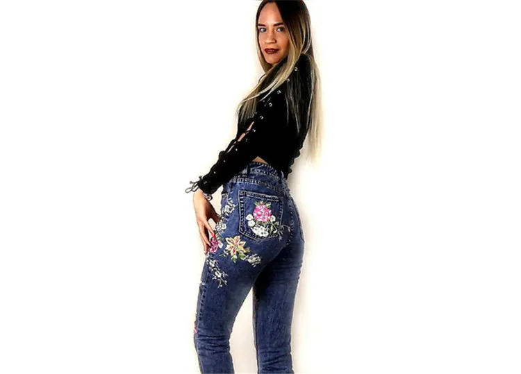 HCYO, женские джинсовые штаны, Длинные Прямые хлопковые джинсы, брюки, с цветочной вышивкой, джинсы с высокой талией, леггинсы размера плюс