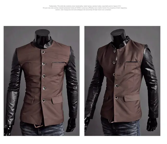 Drop Shipping Men Suits Slim Spliced Leather Sleeves Design Tuxedo