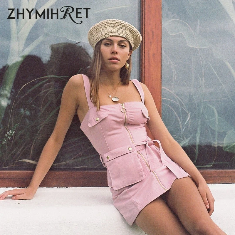 ZHYMIHRET спереди на молнии розовое платье Лето 2019 женское элегантное богемное мини