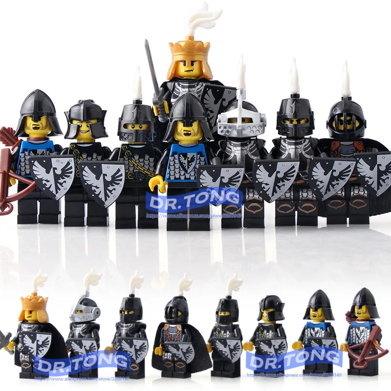 

DR.TONG 8pcs/lot Medieval Castle Kingdoms Shadow Knight Black Knights King Rider Solider Shield Sword Building Blocks Diy Toys