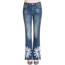 Новые женские Джинсы для женщин клеш Джинсы для женщин вышитые стрейч женские расклешенные Брюки для девочек дамы цветы синие джинсы