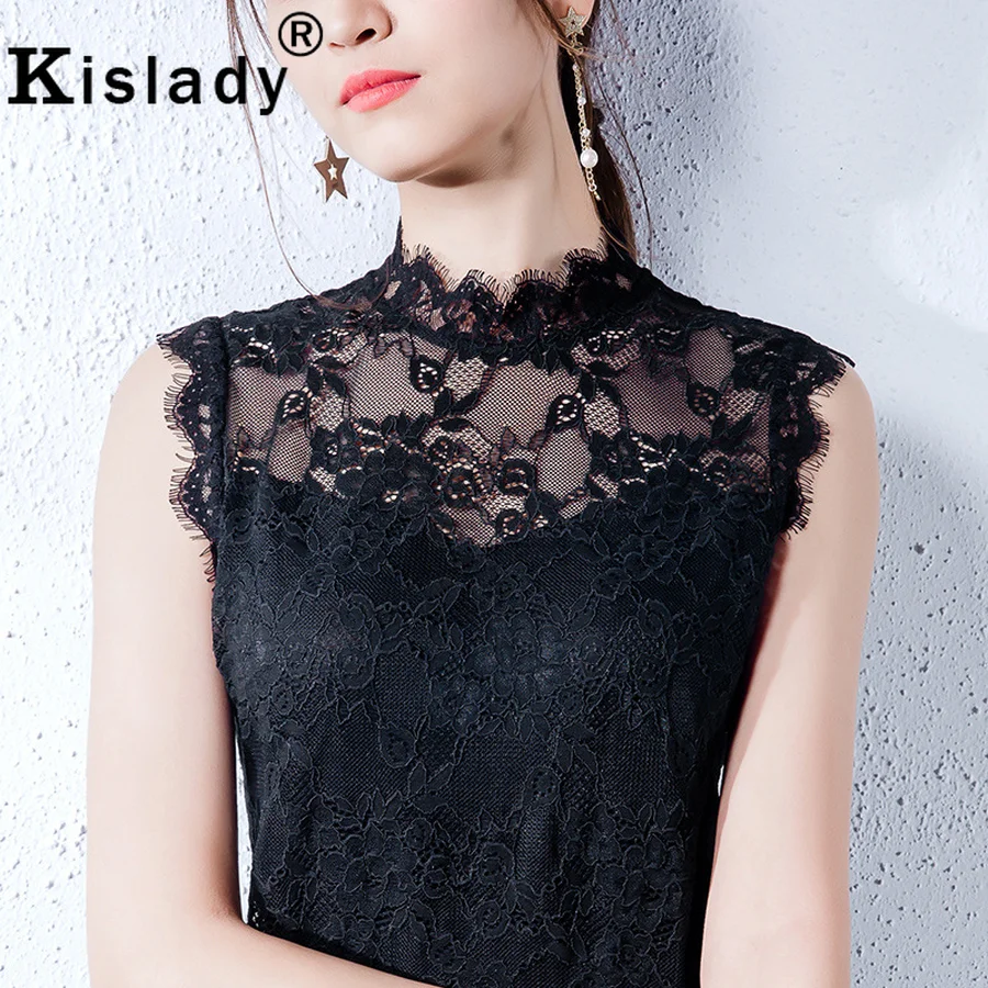Kislady черный кружевной без рукавов сексуальный топ Женская мода лето размера плюс Открытые Рубашки Корейская Дикая мода женская одежда