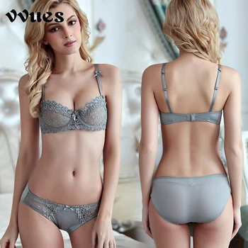 

VVUES Ultrathin Lingerie Set Bras Sexy Lace Women Transparent Underwear Seamless Bras Half Cup Embroidery Bow Underwire 2019