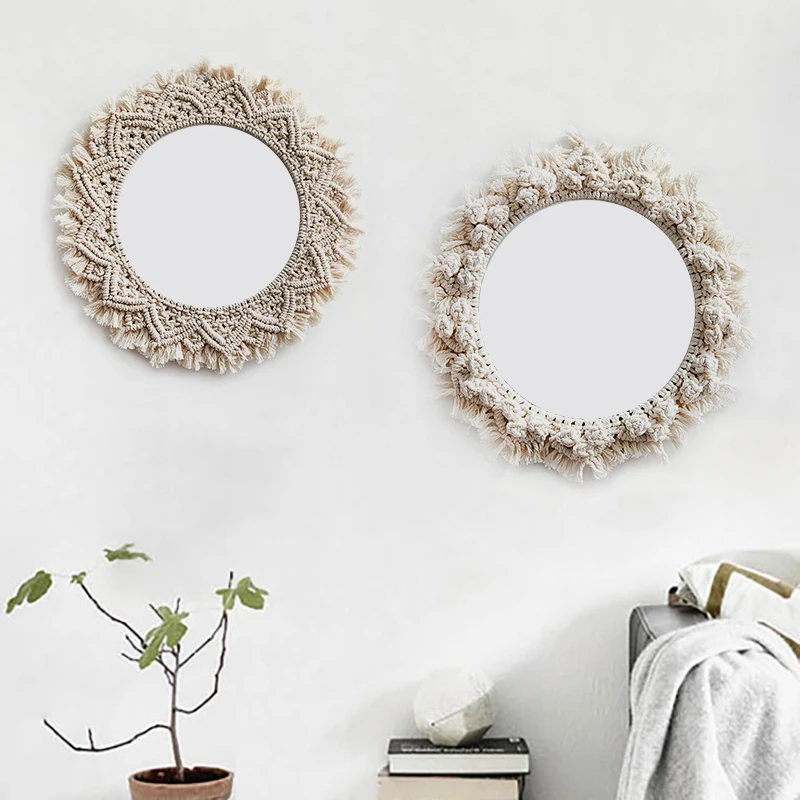 Diámetro 40CM boho macramé tejido a mano simple hogar colgar sala de estar decoración colgante de pared espejo decorativo tapiz de pared Diámetro 40CM boho macramé tejido a mano simple hogar colgar sala de estar decoración colgante de pared espejo decorativo tapiz de pared
