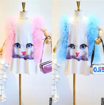 

New 2019 Baby Girls Summer Cat Mesh Blouse Dress Princess Children Cute Dress 5 pcs/lot, Wholesale