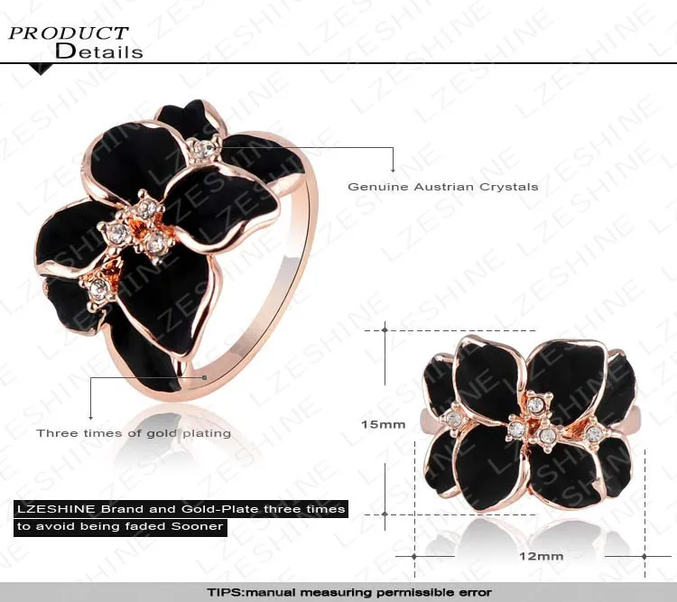 Beagloer Hotting Sale Jewelry Ring With Rose Gold Color Austrian Crystal Black Enamel Flower/Wedding Ring For Women Ri-HQ1006