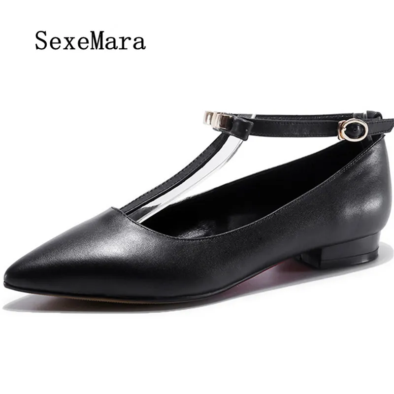 

SEXEMARA 2017 Genuine Leather T-Strap Flat Shoes Woman Metal Buckle Butterfly-knot Pointed Toe Single Shoes Fashion Women Flats