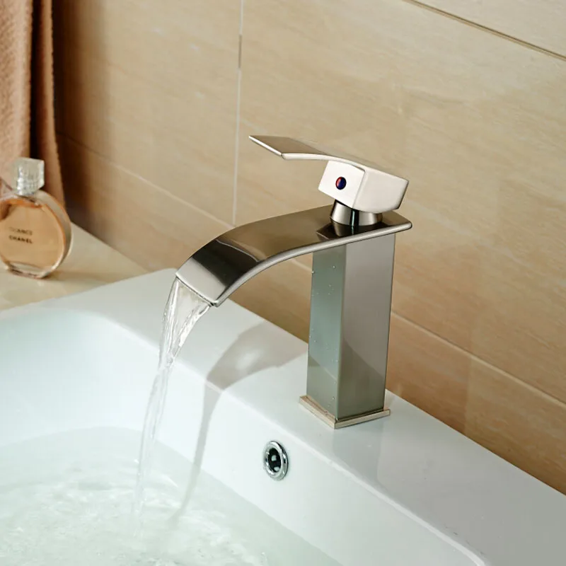 Single Handle Bathroom Waterfall Basin Vessel Sink Mixer Faucet Deck Mount One Hole Water Tap Brushed