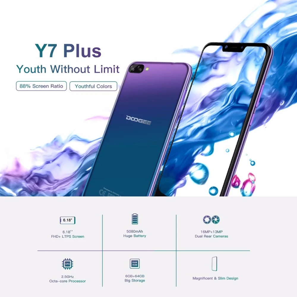 DOOGEE Y7 плюс мобильный телефон 6,18 дюймов 1080*2246 Экран MTK6757 Восьмиядерный 2,5 ГГц 6 ГБ Оперативная память 64 Гб Встроенная память 16.0MP + 13.0MP 5080 мАч ...