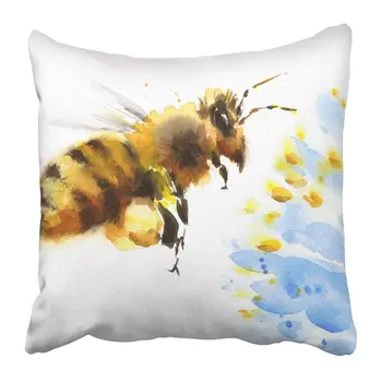 

3D Pillow Covers Print Yellow Bumblebee Watercolor Honey Bee Flying Over Blue Flower Hand Summer White Painting Home Case