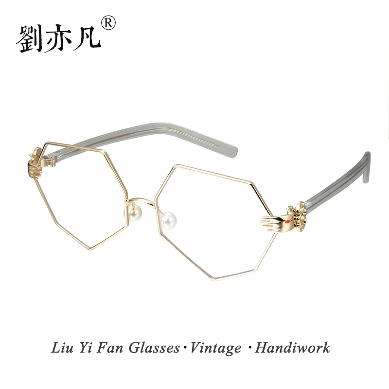 

New Pattern Hexagon Glasses Personality Palm Spectacle Frame Pearl Nose Support Men And Women Plain Glass Mirror Fund