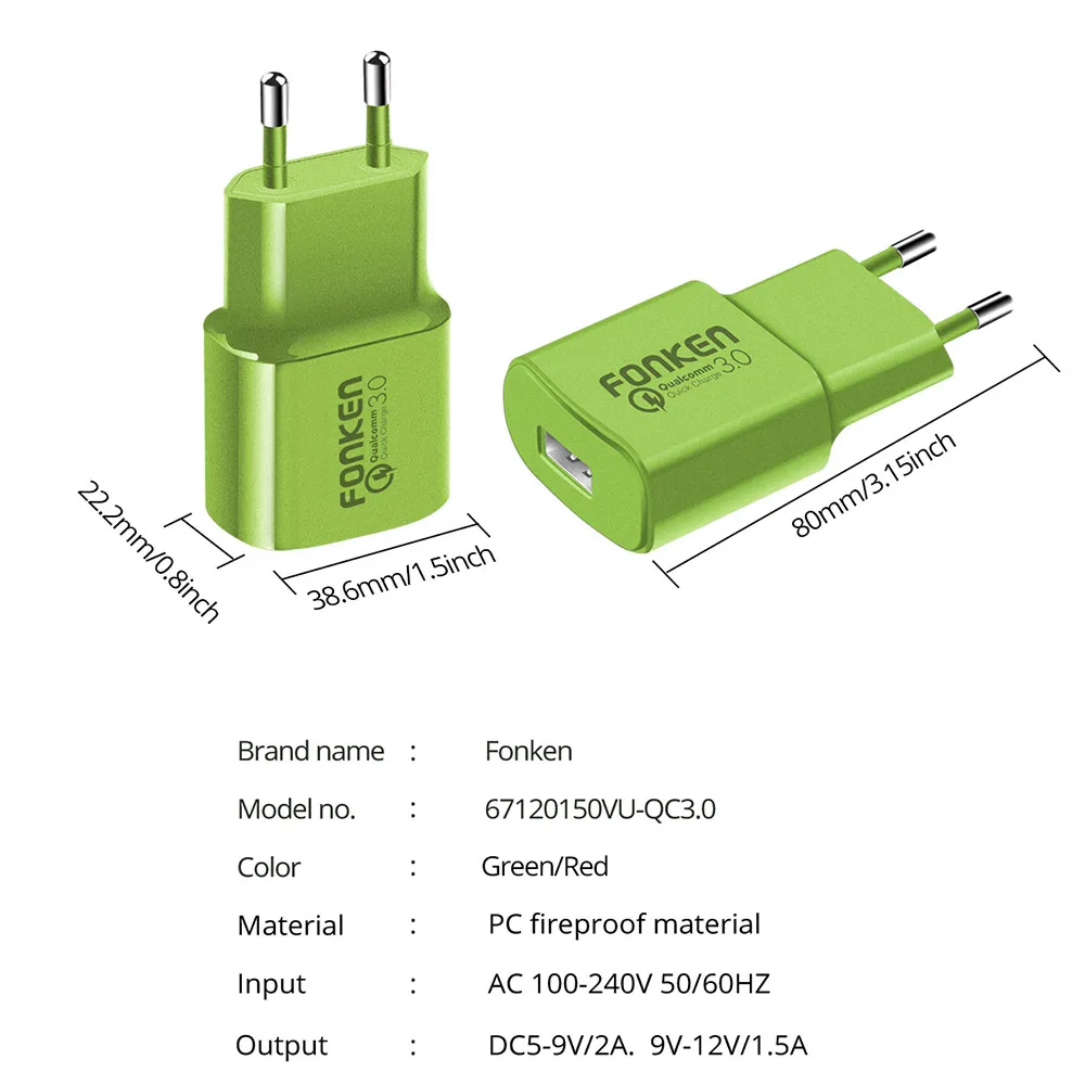 Яркое USB зарядное устройство FONKEN Quick Charge 3,0 быстрое зарядное устройство Макс 18 Вт QC3.0 QC2.0 Быстрая Зарядка адаптер для мобильного телефона зарядное устройство