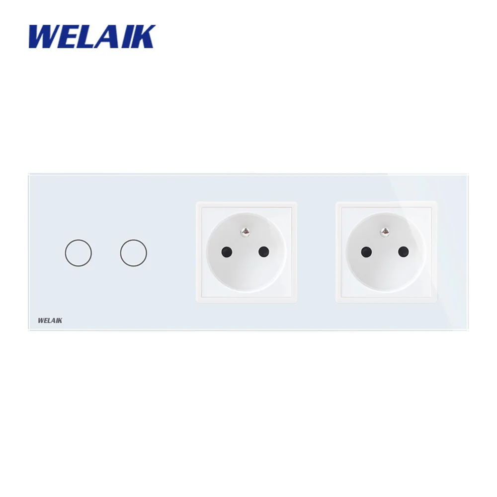 

WELAIK 3 frame Crystal Glass Panel White Black Wall Switch France Touch Switch Wall socket 2gang1way AC110~250V A39218F8FW/B