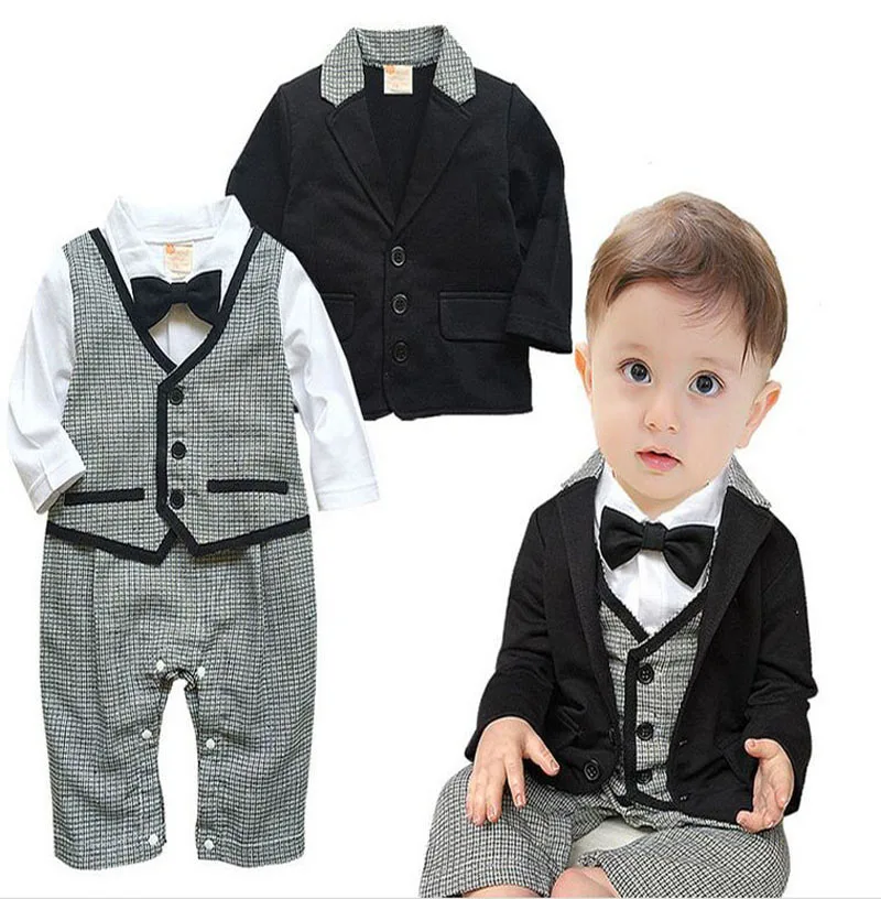 newborn baby boy Long sleeve bow tie romper clothes+black Jackets suit