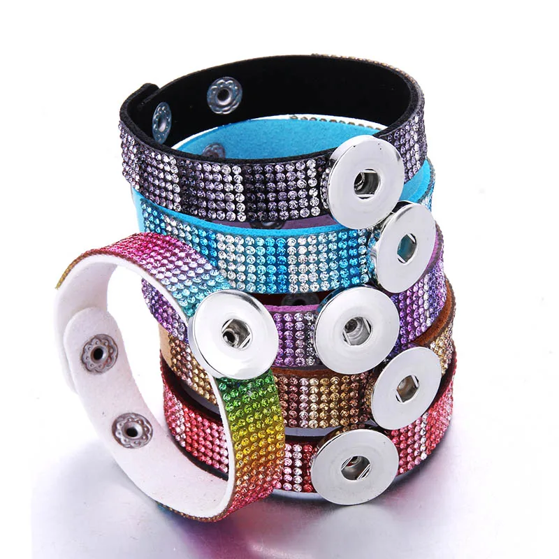 

New Rhinestone Snap Button Jewelry Leather 18mm Snap Button Bracelet Punk Leather Bracelet Armband Snaps Jewelry 2391