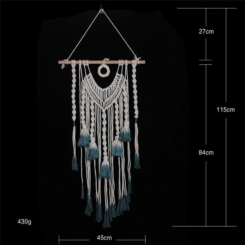 Bohemia Style Handmade Beige Wall Tapestry With Blue Tassells 1pcs Home Decor Cotton+Wood Hanging Tapestry Home Art Tapestry