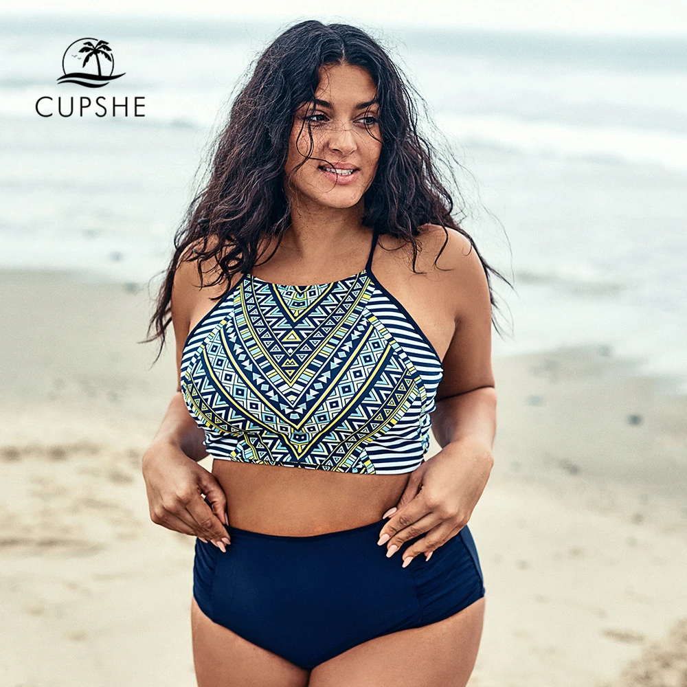 

CUPSHE Plus Size Tank Top Lace Up Bikini Sets Women Geo Halter Two Pieces Swimsuits 2019 Girl Beach Bathing Suits Swimwear
