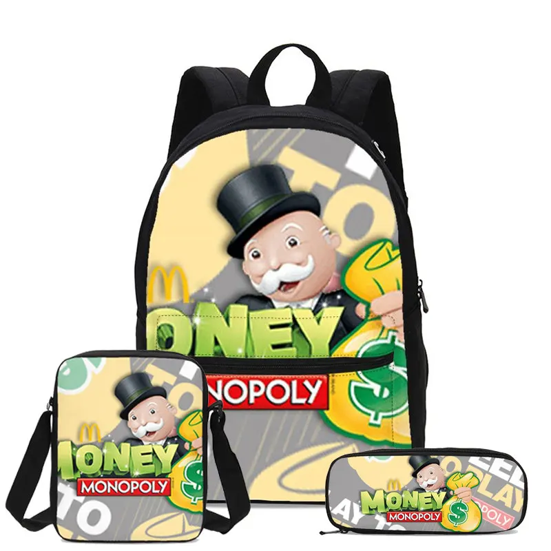 

3Pcs/Set Portfolio Canvas Backpacks For Boys Girls Cartoon Monopoly Games Printed Bookbag Children School Bags Shoulder Bags