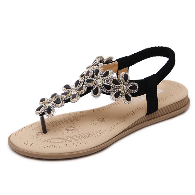 Bohemian Flowers Rhinestone Women Flat Sandals Clip Toe Brand Quality ...