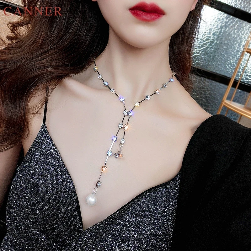 Luxury Crystal Rhinestone Choker Necklace Women Silver Zircon Long Chains Pearl Pendant Necklace Jewlelry Gifts collier femme C4
